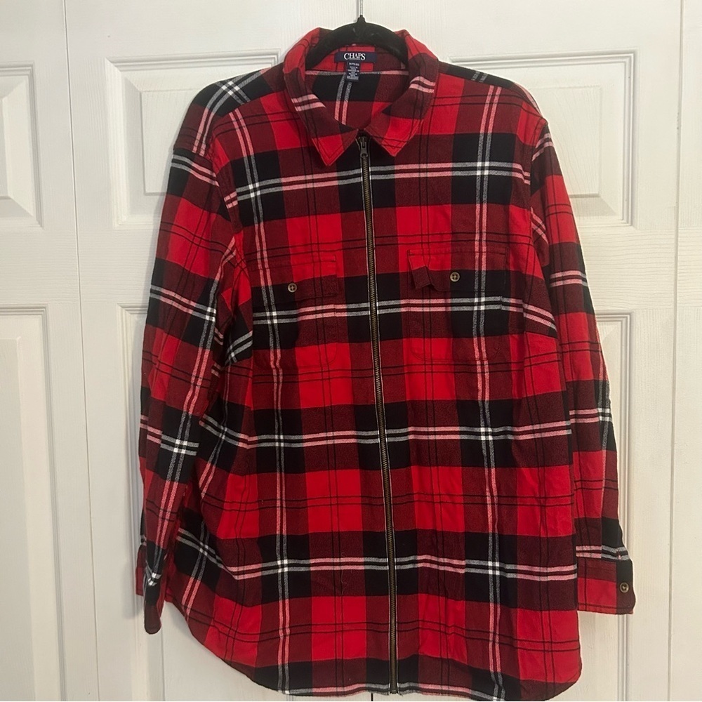 Chaps Plaid Flannel Red, Black & White 100% Cotton Button Down Shirt 1X